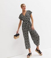New Look Black Daisy Crinkle Belted Wrap Crop Jumpsuit